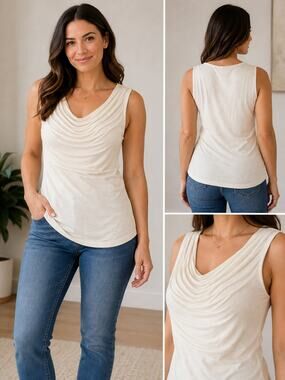Bobeau Ivory Sleeveless Cowl Neck Top Womens Medium Stretch Draped Blouse